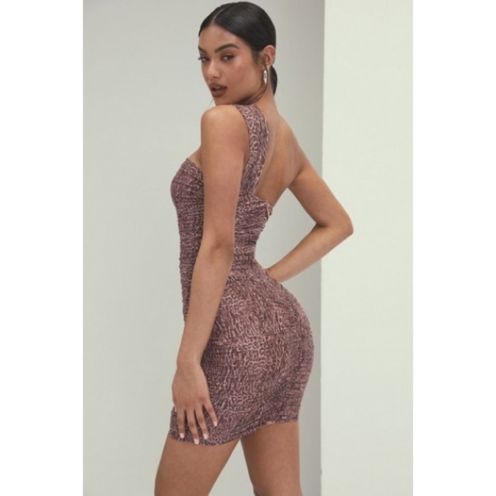 MISTRESS ROCKS 'FELINE THIS' ANIMAL PRINT RUCHED MESH ONE SHOULDER DRESS